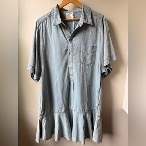 NWT FLANNEL Flint Frill Tunic Denim Dress Ruffle‎ Baggy Oversized Pockets Blue L